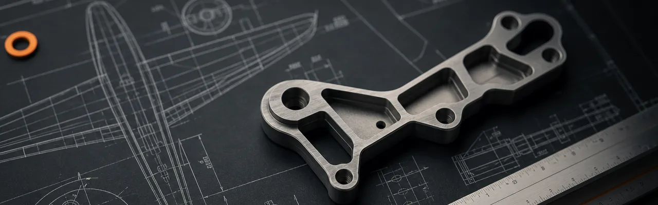 An aerospace technical drawing on a dark surface, with a machined alloy bracket and a steel scale rule resting on it.