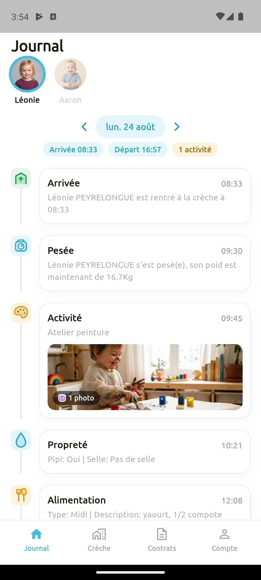 The LutinRouge Family app showing one child’s day on Monday 24 August 2026 as a timeline: arrival at 08:33, a weighing, a painting activity with its photograph, a nappy change and lunch, with the two siblings on the account selectable along the top.