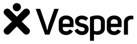 The Vesper signature logo in black and grey on an opaque white plate.