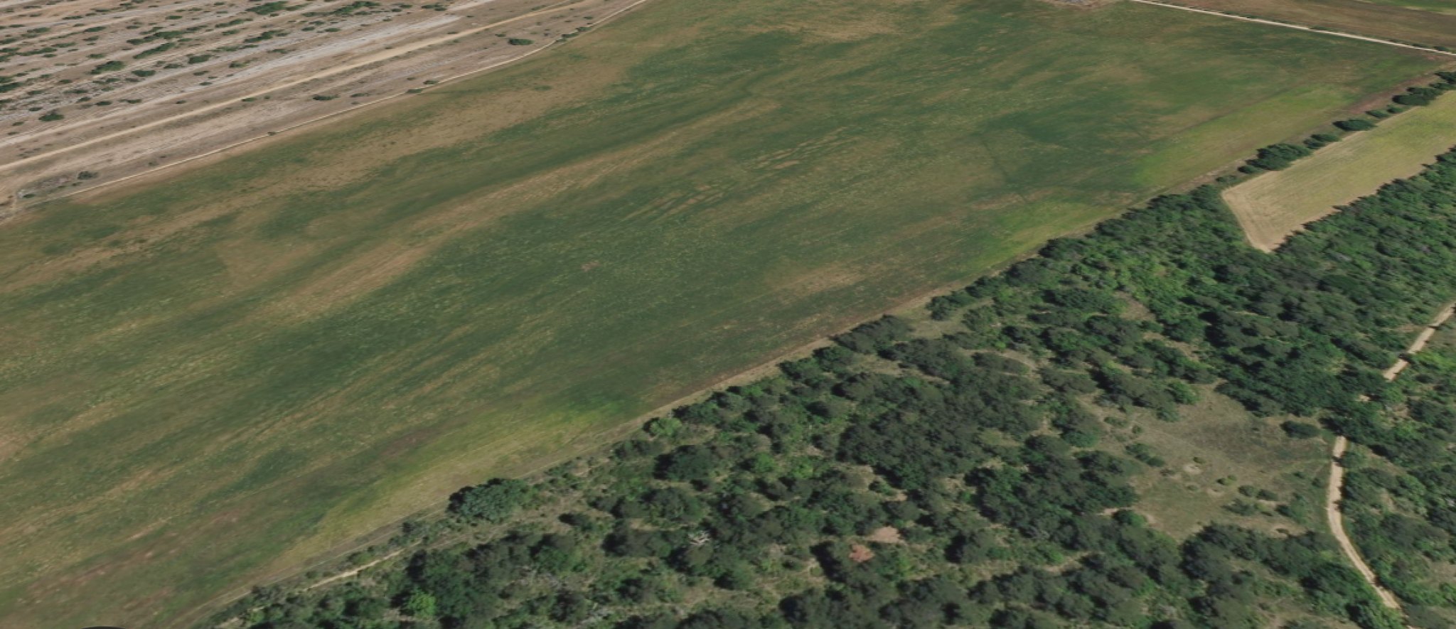 Aerial imagery of a cleared field meeting dense Mediterranean forest on the Sainte-Baume massif, Var, with the canopy layer switched off.